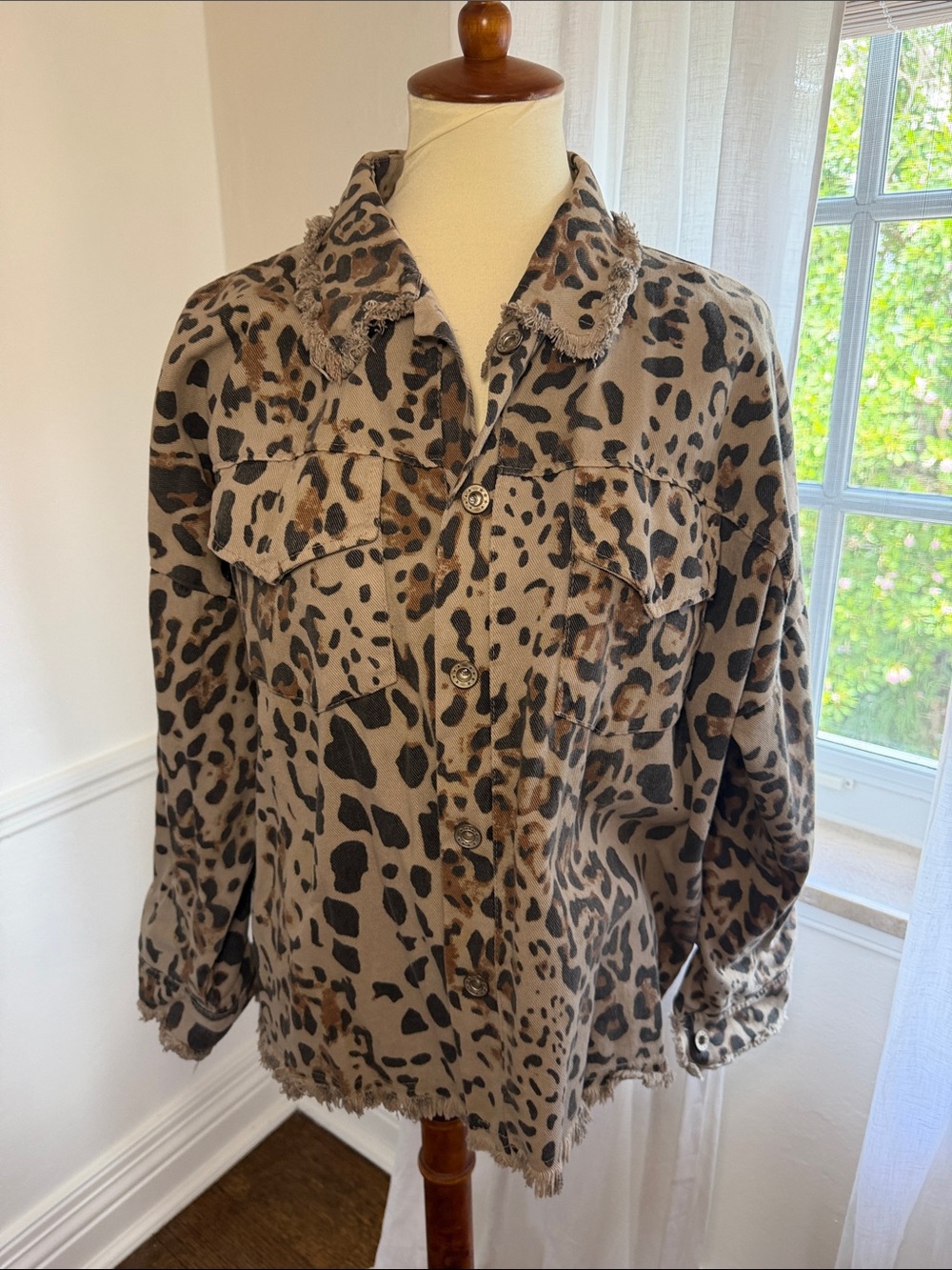 Venti6 Leopard Print Button-Front Jacket - Taupe, Black, Brown